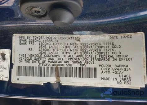 2003 Toyota Highlander Limited V6/V6 z USA, uszkodzony, nr VIN JTEGF21A030081596